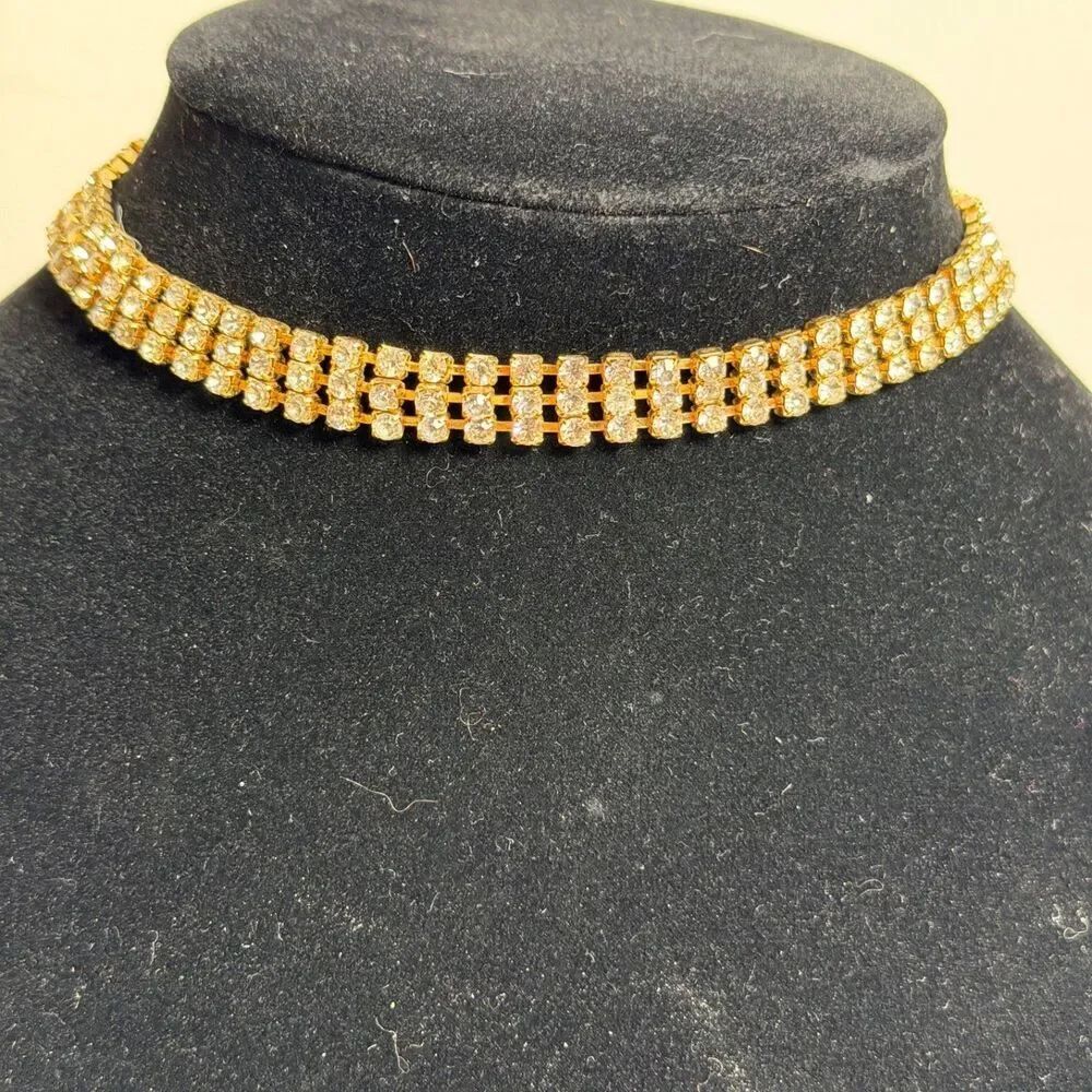 Vintage Gold Tone 4 Row Clear Rhinestone Choker Necklace 17.5 Adjustable